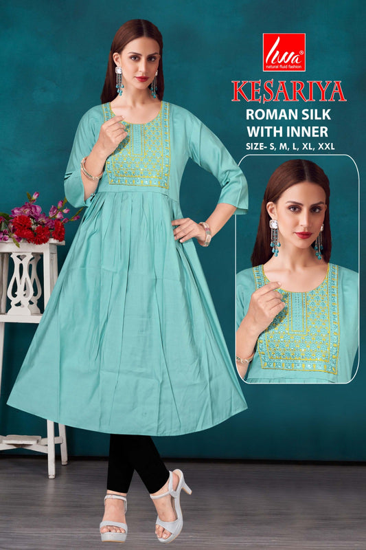 Kesariya Roman Silk Kurti – Grace in Every Thread
